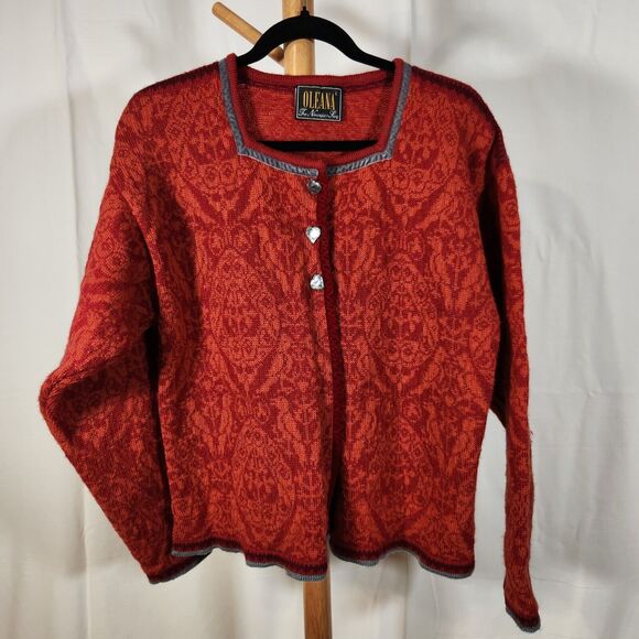OLEANA $555 Large Norwegian Espeland Red Orange 100% Wool Heart Button Cardigan - Picture 1 of 9